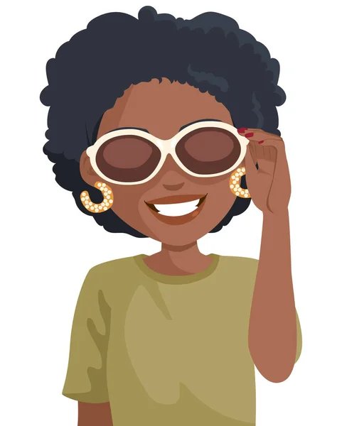 Beautiful Black African American Woman Wearing White Sunglasses — Stock Vector