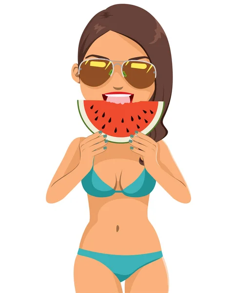 Vacker Ung Kvinna Med Bikini Och Solglasögon Som Äter Vattenmelon — Stock vektor
