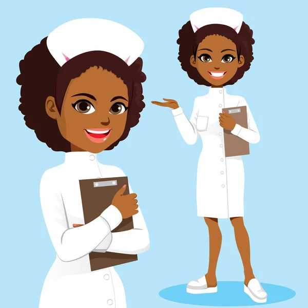 Όμορφη Νεαρή Μαύρη Αφροαμερικανή Νοσοκόμα Φορώντας Λευκό Φάκελο Εκμετάλλευση Στολή — Διανυσματικό Αρχείο