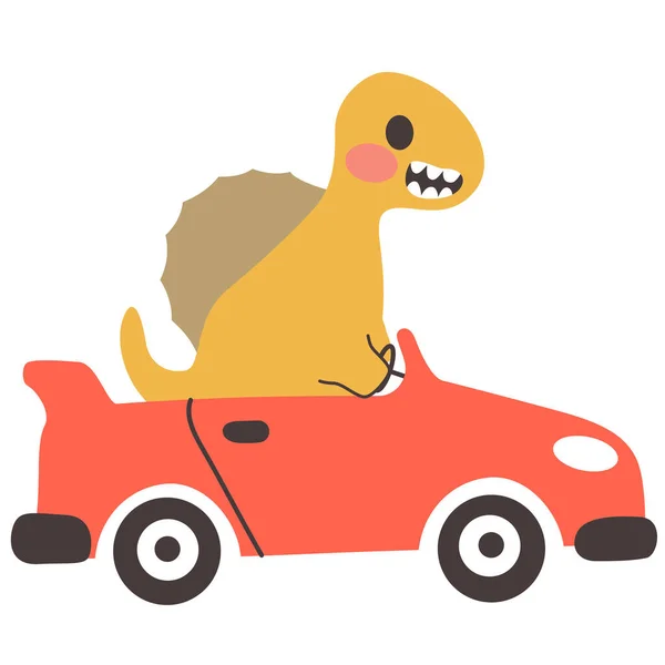 Cute Spinosaurus Dinosaur Driving Red Convertible Sports Car — Stock Vector