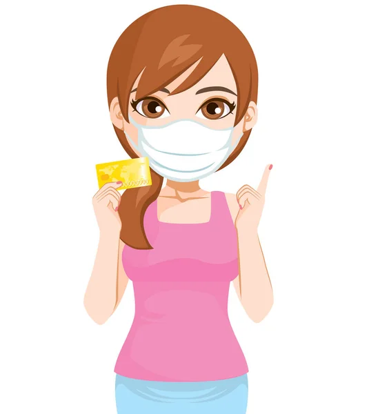 Mulher Segurando Cartão Crédito Usando Máscara Facial Médica Covid Pandemia —  Vetores de Stock