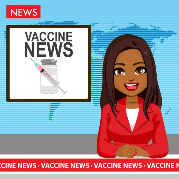 Belle Jeune Femme Noire Journaliste Parlant Reportage Nouvelles Vaccin — Image vectorielle