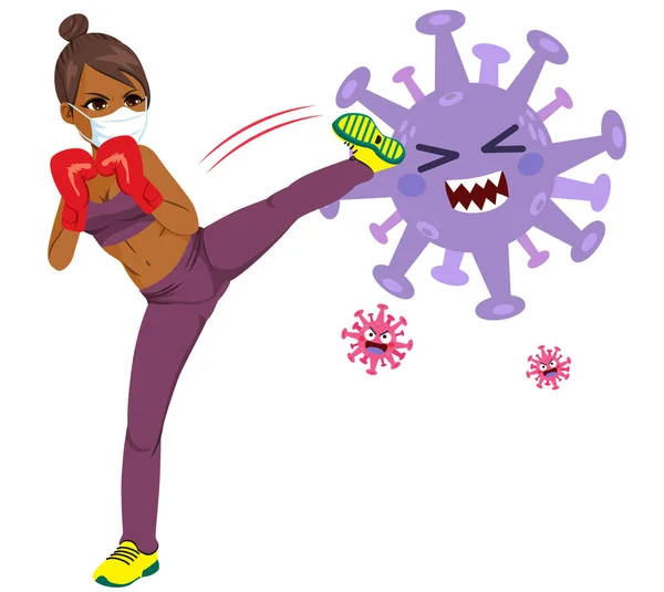 Young Black African American Woman Kicking Big Coronavirus Character Fight — Stock Vector