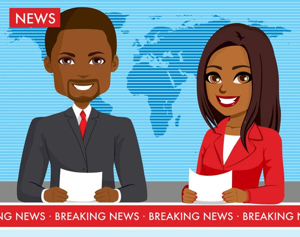 Zwarte Mannelijke Vrouwelijke Nieuwslezers Presenteren Laatste Nieuws Show — Stockvector