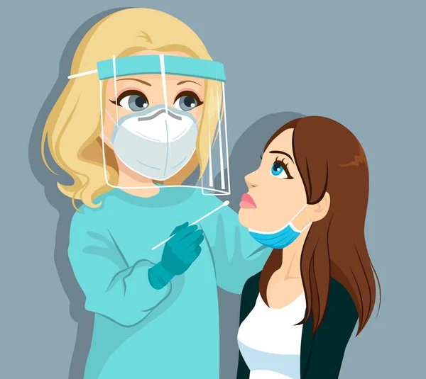 Doctora Haciendo Una Prueba Hisopo Nasal Pcr Con Bastón Algodón — Vector de stock