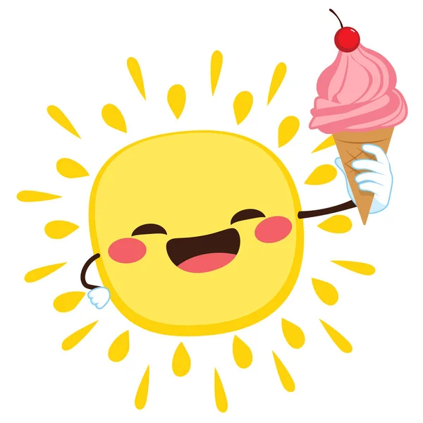 Cute Happy Sun Character Holding Strawberry Sundae Ice Cream Cherry — Stock Vector