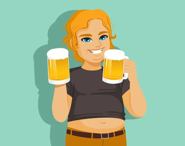 Gordo Joven Bebiendo Dos Tazas Cerveza Bebida Alcohólica — Vector de stock