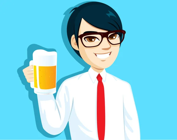 Young Asian Salaryman Holding Cold Mug Beer Toast Gesture Pose — Vetor de Stock