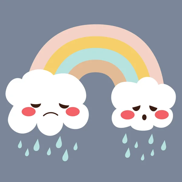 Süße Traurige Regenwolken Die Mit Pastellfarbenem Regenbogen Darüber Weinen — Stockvektor