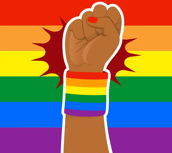 Fondo Bandera Lgbt Color Arco Iris Con Puño Mujer Negra — Vector de stock