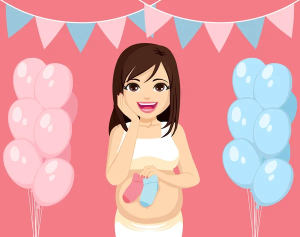 Beautiful Young Mother Pink Blue Socks Baby Shower Gender Reveal — Stock Vector