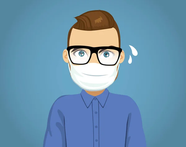 Young Man Glasses Wearing Medical Face Mask Suffering Fogging Problems — Vector de stock