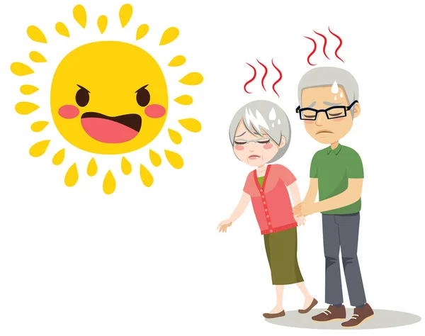 Hot Summer Sun Senior Couple Walking Together Holding Hands — Vector de stock