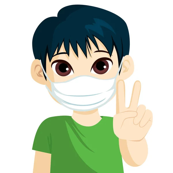 Lindo Poco Asiático Chico Usando Médico Cara Máscara Haciendo Victoria — Vector de stock