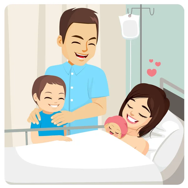 Famille Hôpital Visite Mère Avec Bébé Nouveau Fille Deuxième Concept — Image vectorielle