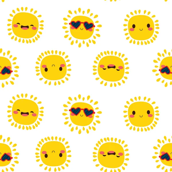 Lovely Cute Different Sun Cartoon Characters Repeating Seamless Pattern — Stock Vector