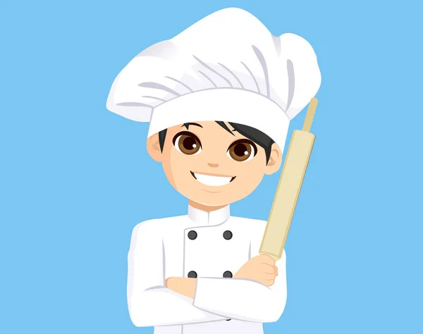 Cute Little Boy Holding Rolling Spin White Chef Uniform — Vetor de Stock