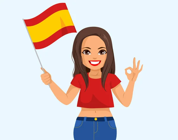 Beautiful Young Spanish Woman Holding Flag Spain Making Gesture Hand — Vetor de Stock