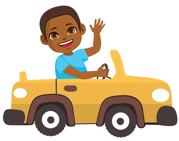 Adorable Cute Little Black Boy Driving Yellow Car Toy — Vector de stock