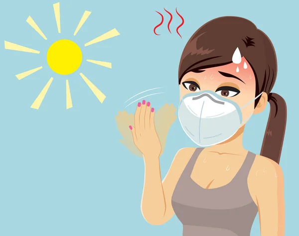 Γυναίκα Φορώντας Ιατρική Μάσκα Προσώπου Καλοκαίρι Εφίδρωση Συμπτώματα Θερμοπληξίας — Διανυσματικό Αρχείο