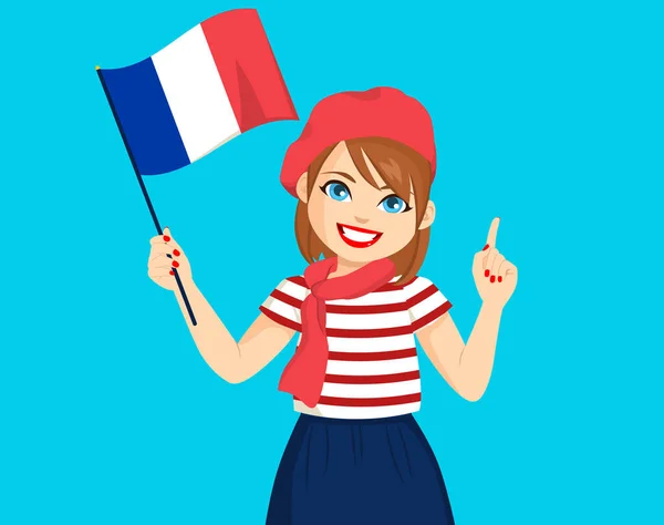 Beautiful Young French Woman Holding France Flag Wearing Fashion Clothes — Archivo Imágenes Vectoriales