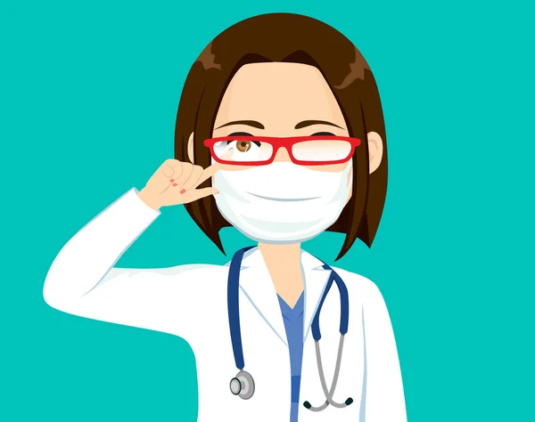 Tıbbi Maske Takan Kadın Doktor Gözlüklerdeki Sisi Parmak Ile Temizliyor — Stok Vektör