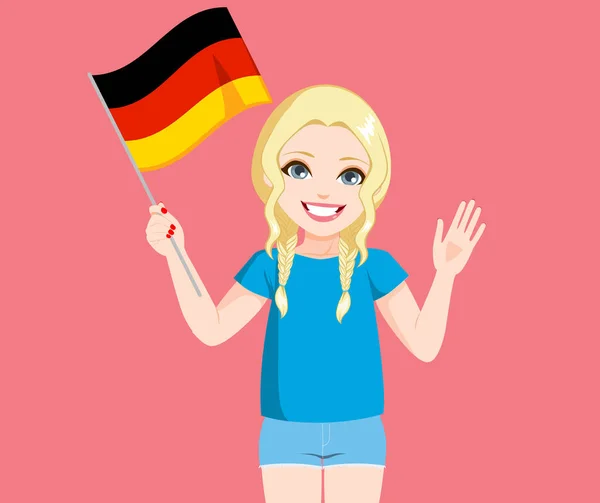 美しいです若いですブロンドドイツの女性保持ドイツのフラグと手を振ってピンクの背景 — ストックベクタ