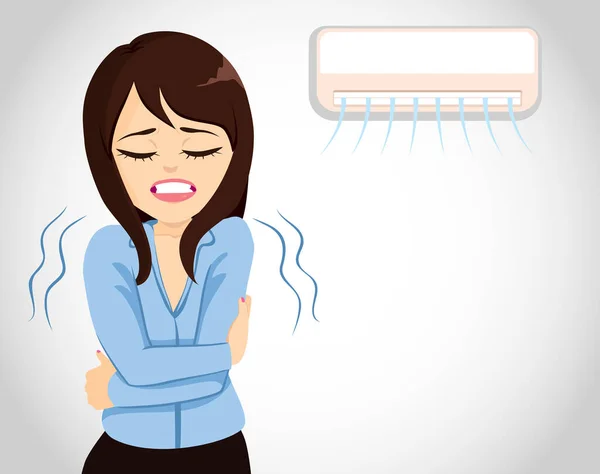 Empresaria Temblorosa Siente Frío Como Aire Acondicionado Refrigeración Establece Demasiado — Vector de stock