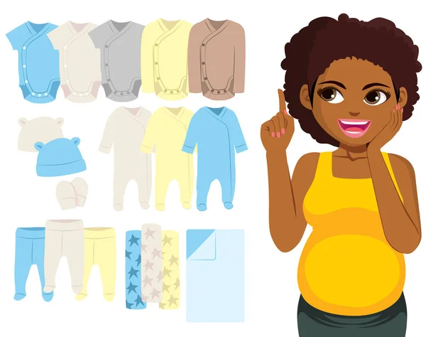 Glad Ung Svart Gravid Kvinna Rekommenderar Baby Essentials Kläder För — Stock vektor