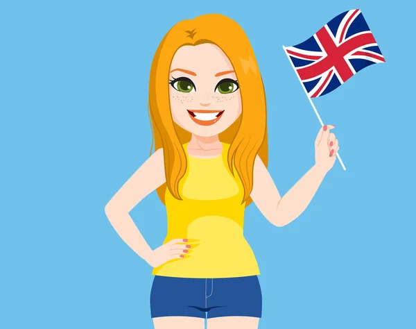 Beautiful Young English Woman Holding Great Britain Flag — Stock Vector