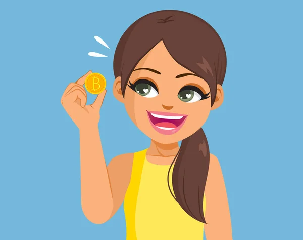 Beautiful Brunette Woman Holding Golden Bitcoin Coin Digital Money Electronic — Image vectorielle