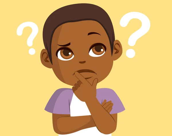 Little Black Boy Pensive Thinking Question Mark Yellow Background — Stok Vektör