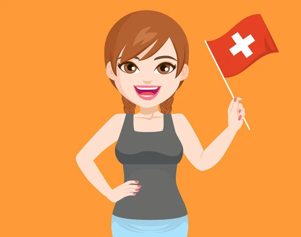 Beautiful Young Swiss Woman Smiling Hand Hip Holding Waving Switzerland — 스톡 벡터