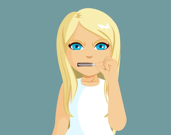 Young Serious Blonde Woman Closing Mouth Zip Secret Shut Concept — Image vectorielle