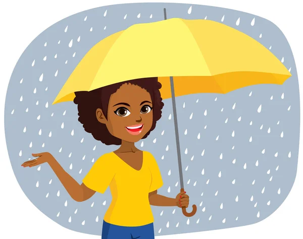 Joven Mujer Negra Feliz Bajo Paraguas Con Lluvia Tiempo Tocando — Vector de stock