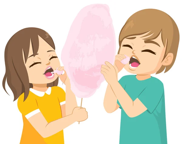 Two Cute Siblings Children Eating Delicious Strawberry Cotton Candy Floss — Stock Vector