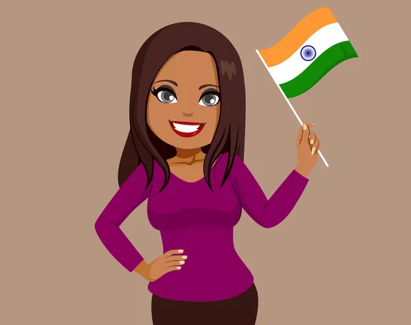 Krásná Usmívající Indická Žena Mává Indickou Vlajkou — Stockový vektor