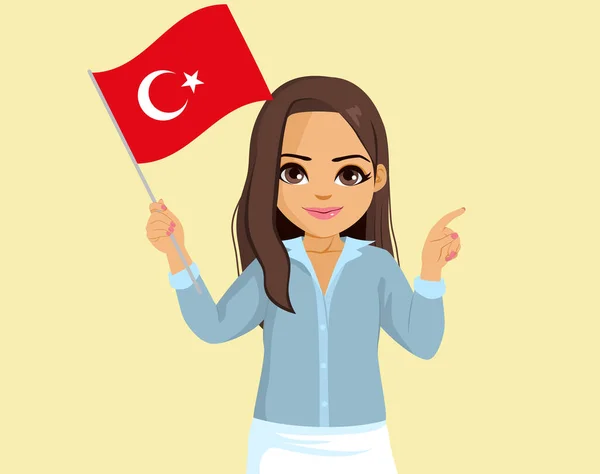 Türkiye Bayrağını Sallayan Parmakla Işaret Eden Genç Türk Kadını — Stok Vektör