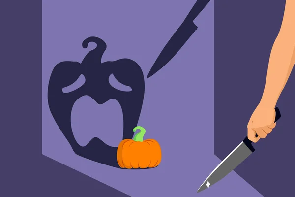 Halloween Minimální Koncept Ruka Drží Hrozivý Nůž Vystrašená Dýně Promítání — Stockový vektor