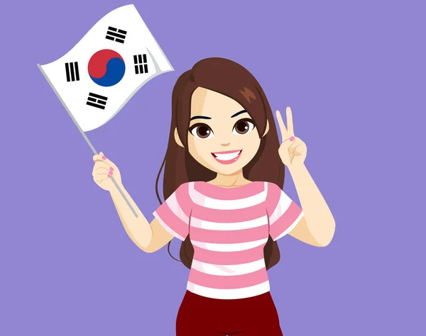 Beautiful Young Korean Woman Holding South Korea Flag Making Victory — Stock Vector