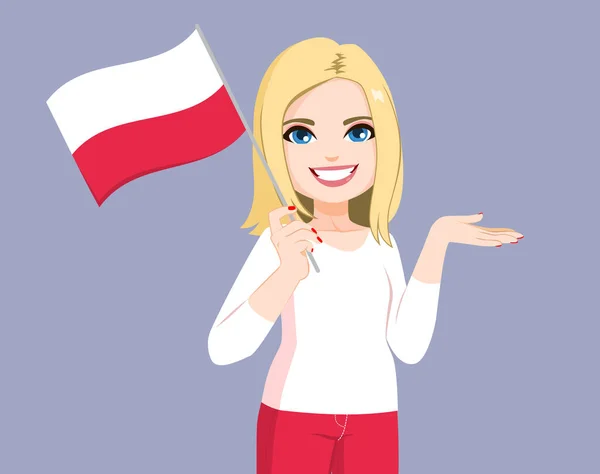 Happy Blonde Polish Woman Holding Poland Flag Smiling Making Showing —  Vetores de Stock