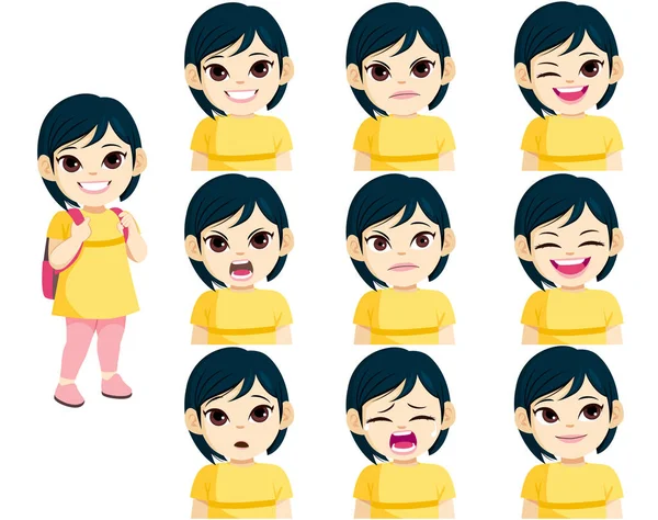 Asian Little Girl Ready Back School Different Expressions Set — Vetor de Stock