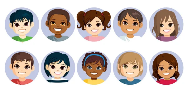 Collezione Felici Diversi Bambini Piccoli Avatar Volto Sorridente — Vettoriale Stock