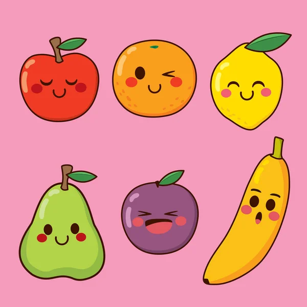 Mignon Coloré Ligne Noire Art Fruits Personnages Collection — Image vectorielle