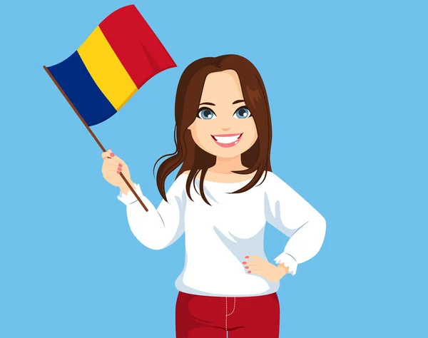 迷人的年轻微笑的罗马尼亚女人手挽手挥舞罗马尼亚国旗 — 图库矢量图片