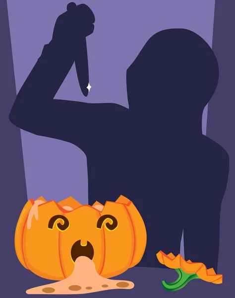 Cute Dizzy Halloween Pumpkin Head Open Vomiting Human Shadow Sharp — Stock Vector