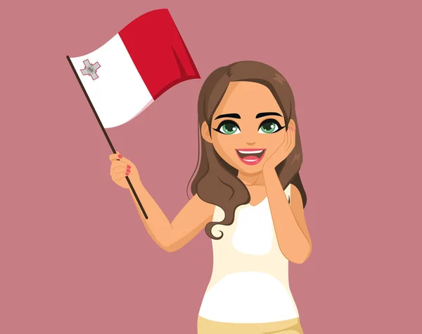 年轻美丽的马耳他女子 手挽手 粉色背景 挥动马耳他国旗 — 图库矢量图片