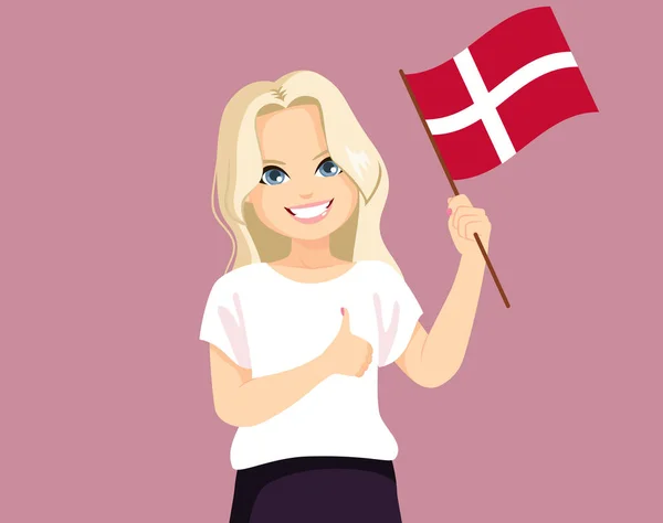 Νεαρή Χαρούμενη Δανή Γυναίκα Μακριά Ξανθά Μαλλιά Κρατώντας Σημαία Της — Διανυσματικό Αρχείο