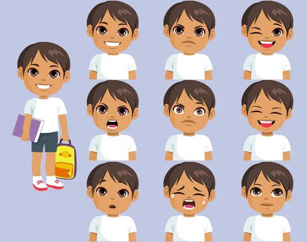 Щасливий Маленький Латиноамериканський Хлопчик Тримає Шкільну Сумку Книгу Різними Емоціями — стоковий вектор