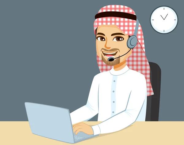 Maschio Arabo Musulmano Lavoratore Chiamata Ufficio Centro Lavoro Con Laptop — Vettoriale Stock